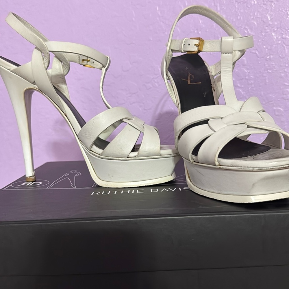 YSL white tribute with platform pumps